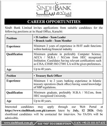 Sindh Bank Limited Karachi Jobs 2026 — original advertisement