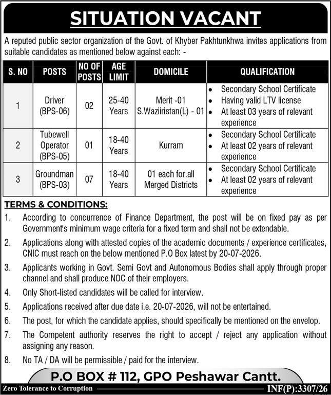 Public Sector Organization Peshawar Jobs 2026 — original advertisement