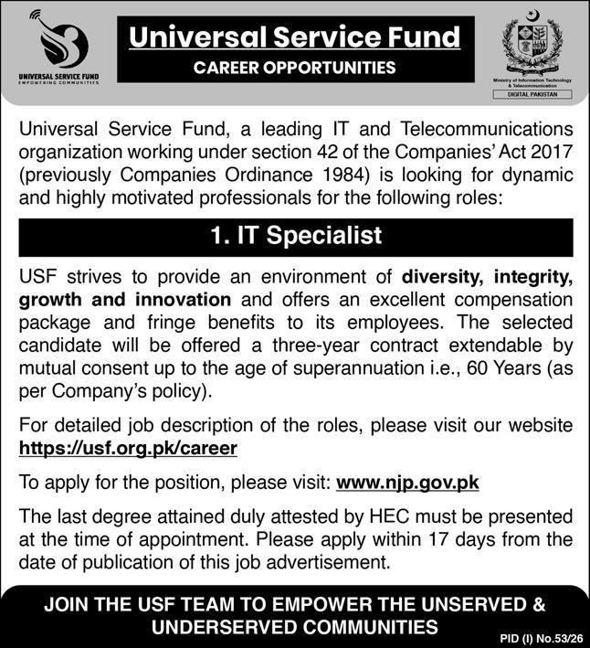 Universal Service Fund USF Islamabad Jobs 2026 — original advertisement
