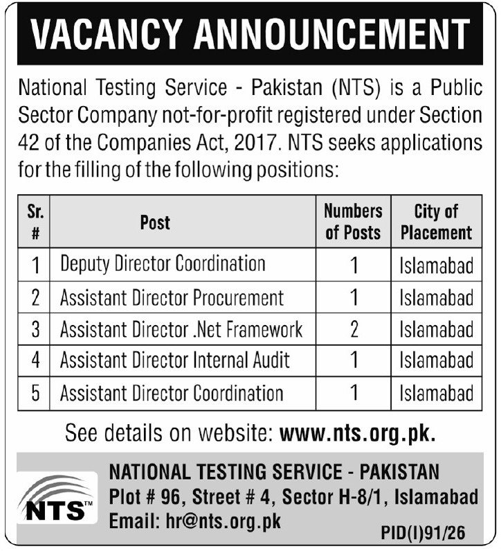 National Testing Service NTS Islamabad Jobs 2026 — original advertisement