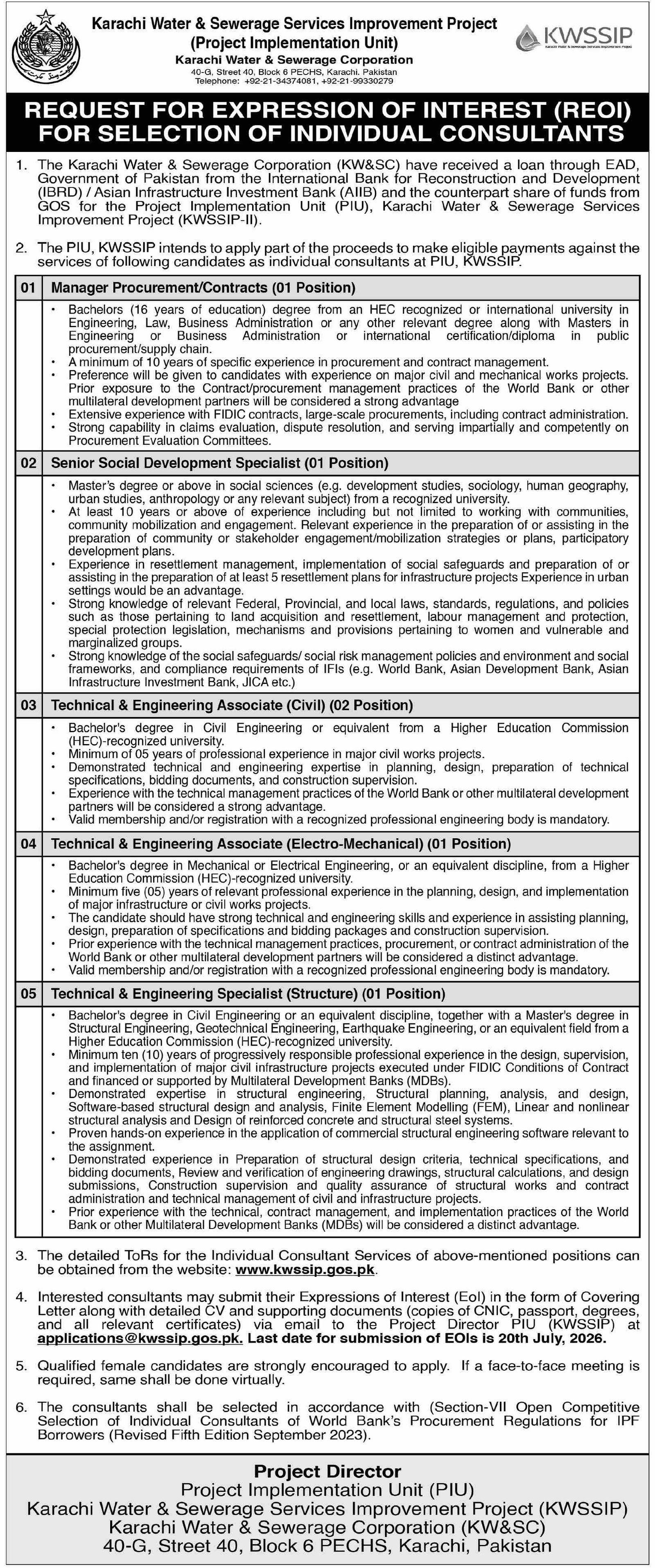 Karachi Water & Sewerage Services KWSSIP Jobs 2026 — original advertisement