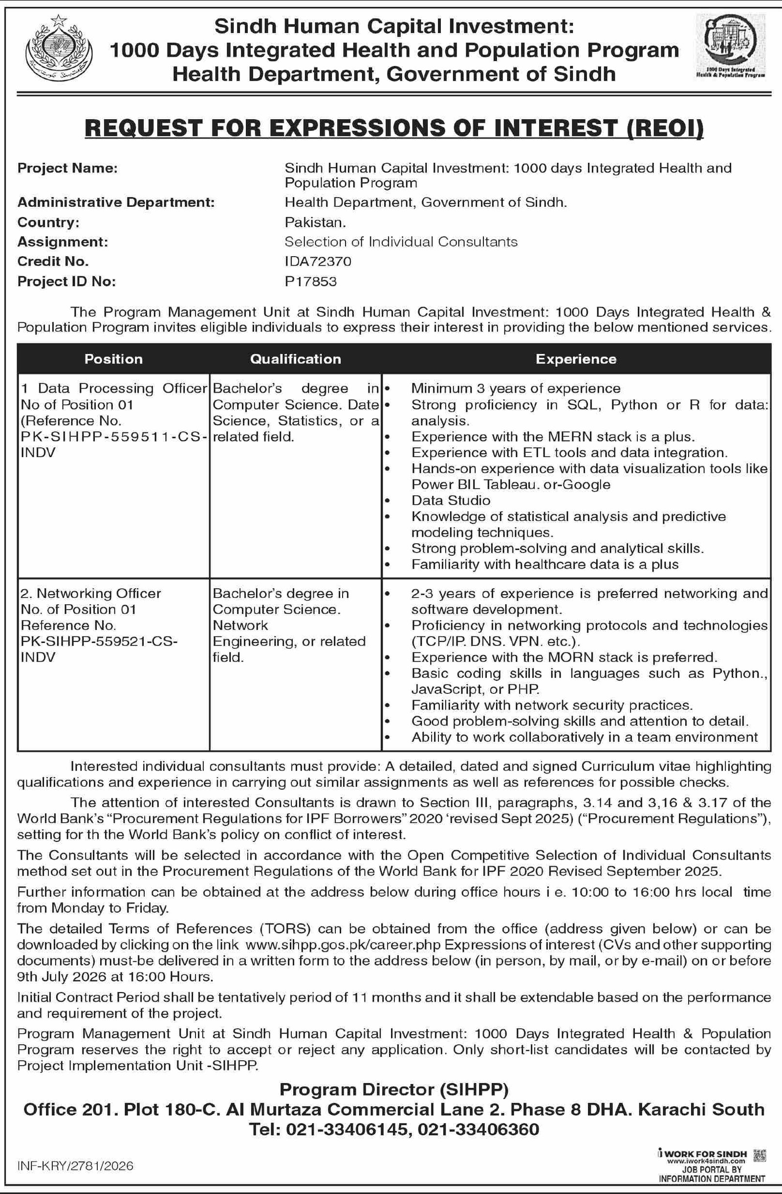 SIHPP 1000 Days Sindh Integrated Health Jobs 2026 — original advertisement