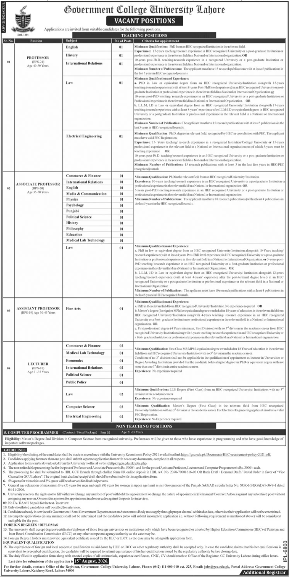 Government College University Lahore Jobs 2026 — original advertisement