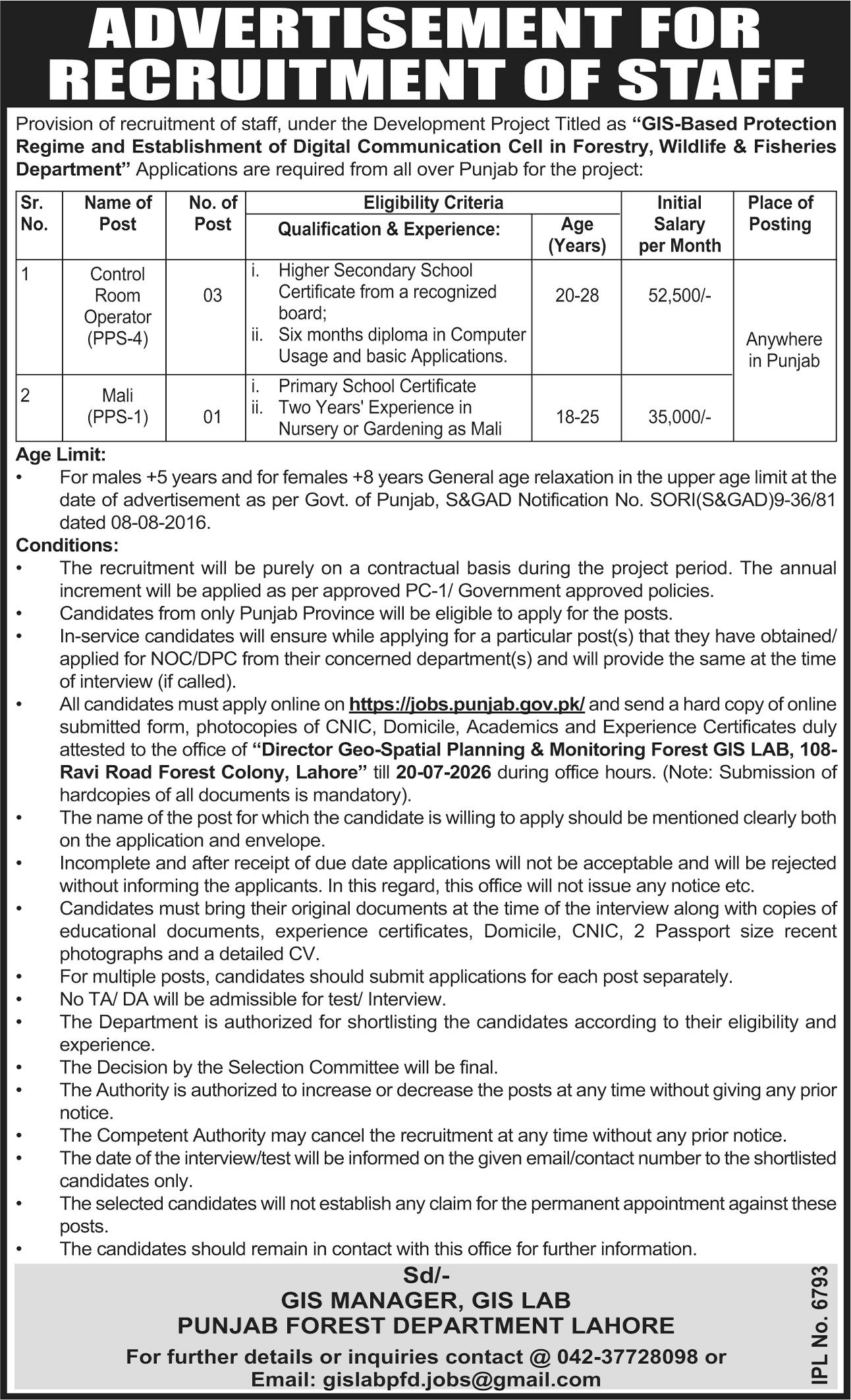 Punjab Forest Department Jobs 2026 — original advertisement