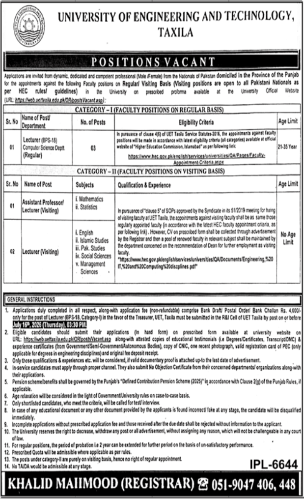 University of Engineering and Technology UET Jobs 2026 — original advertisement