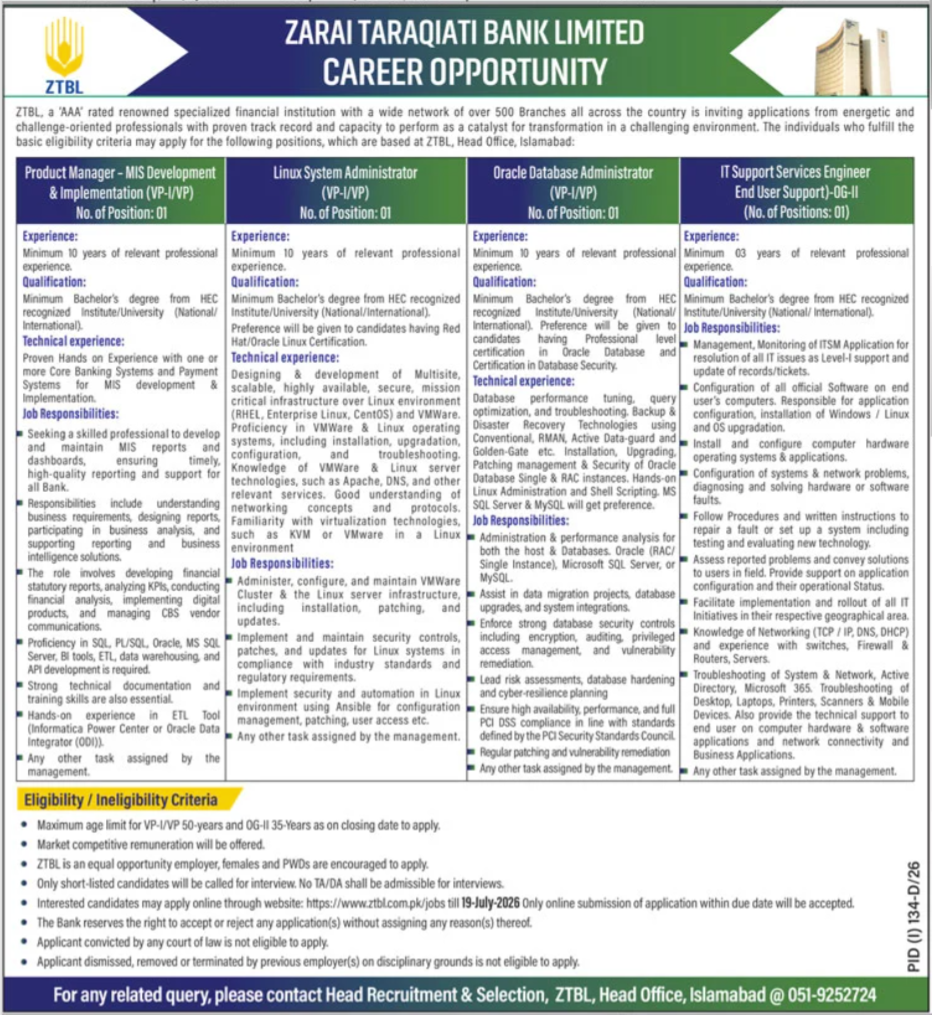 Zarai Taraqiati Bank Limited ZTBL Islamabad Jobs 2026 — original advertisement