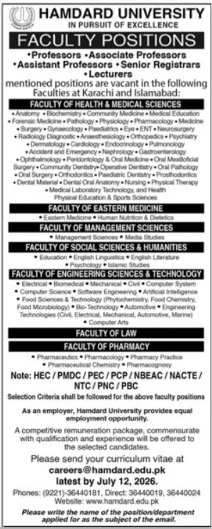 Hamdard University Karachi Jobs 2026 — original advertisement
