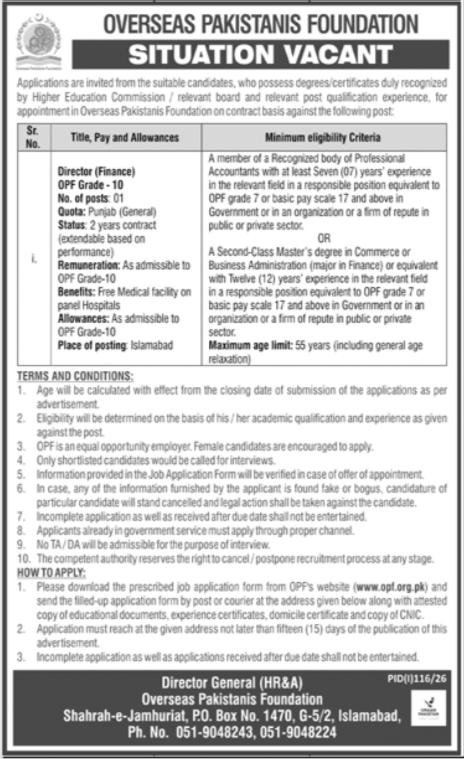 Overseas Pakistanis Foundation OPF Jobs 2026 — original advertisement