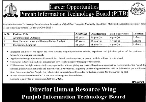 Punjab Information Technology Board PITB Jobs 2026 — original advertisement