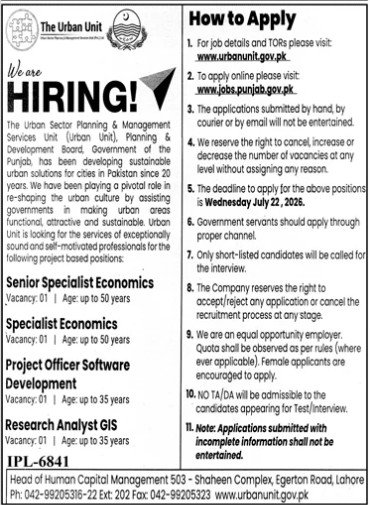 The Urban Unit Punjab Jobs 2026 — original advertisement