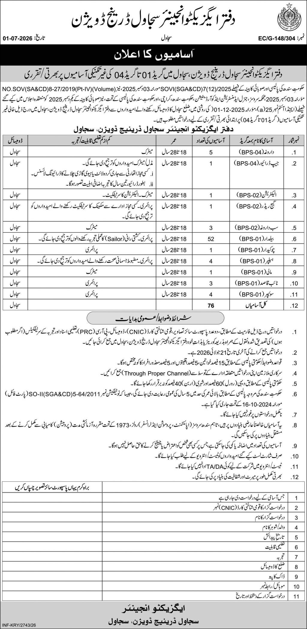 Sujawal Drainage Division Sujawal Sindh Jobs 2026 — original advertisement