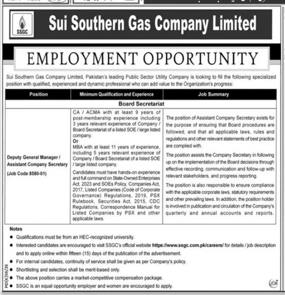 Sui Southern Gas Company Jobs 2026 — original advertisement