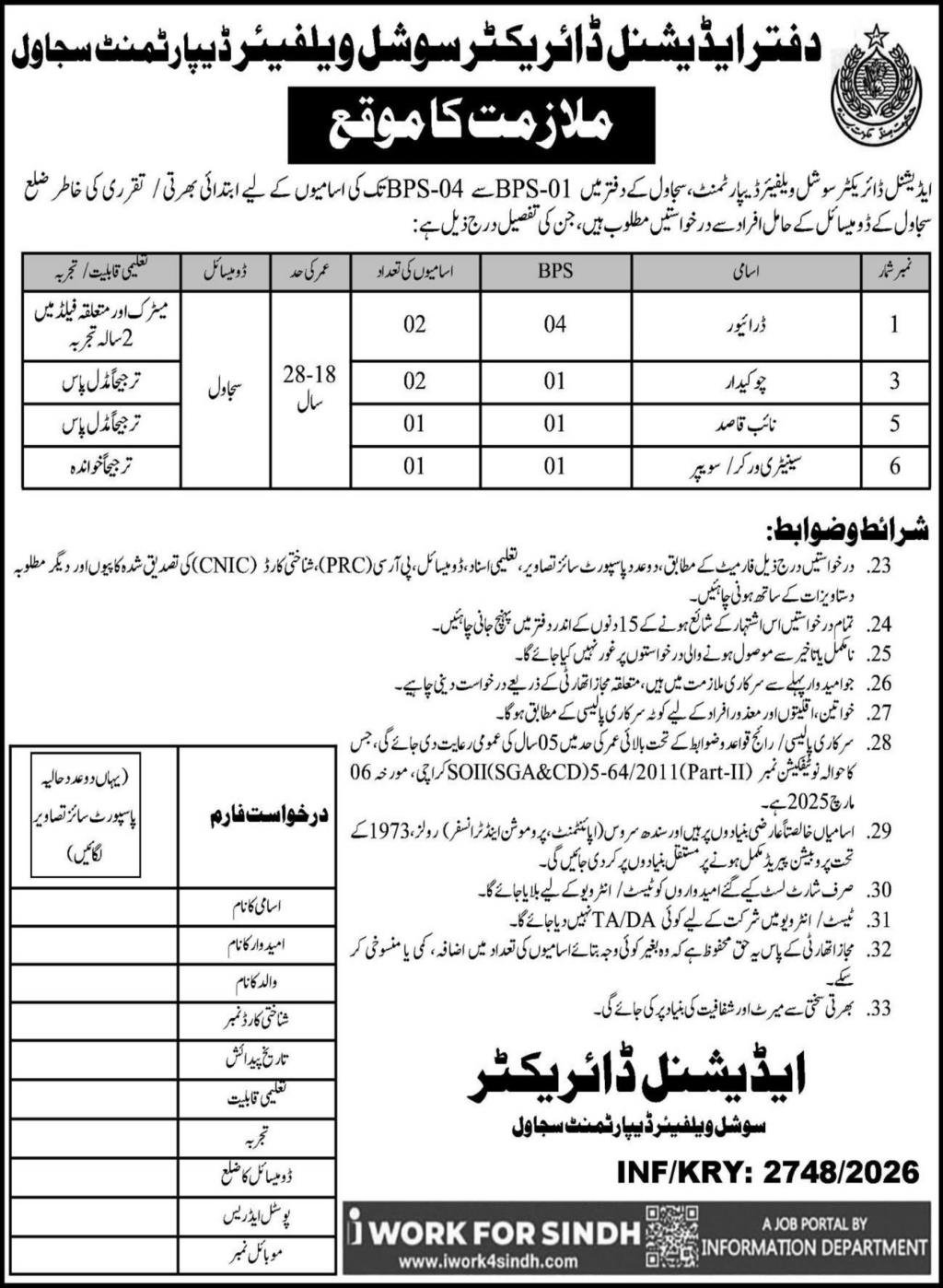 Social Welfare Department Sujawal Jobs 2026 — original advertisement