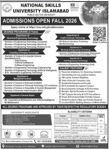 Admission Open in National Skills University Islamabad 2026 — original advertisement