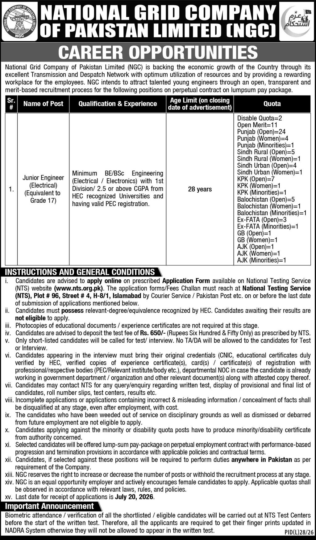 National Grid Company of Pakistan Limited Jobs 2026 — original advertisement