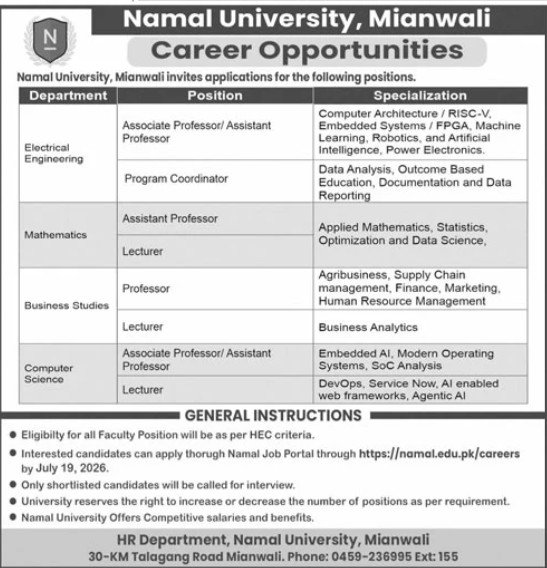 National University Mianwali Punjab Jobs 2026 — original advertisement