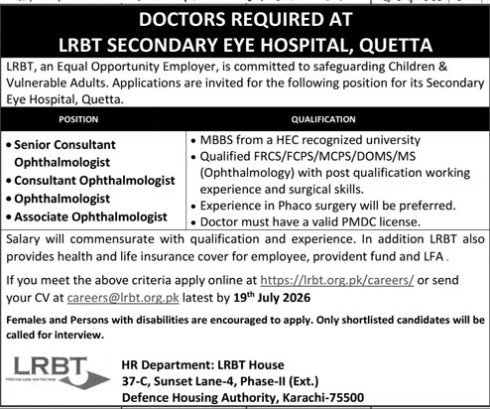 LRBT Secondary Eye Hospital Quetta Jobs 2026 — original advertisement