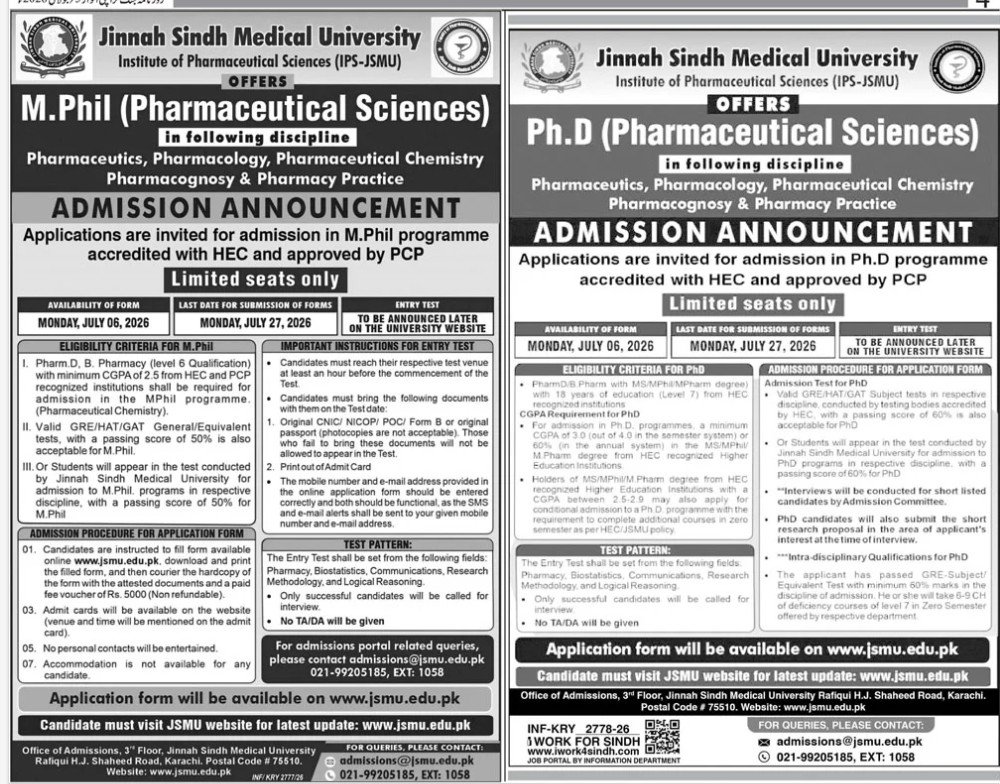 Admission Open in Jinnah Sindh Medical University — original advertisement