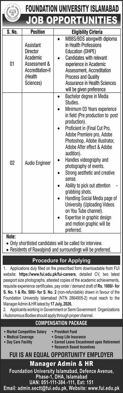 Foundation University Islamabad Jobs 2026 — original advertisement