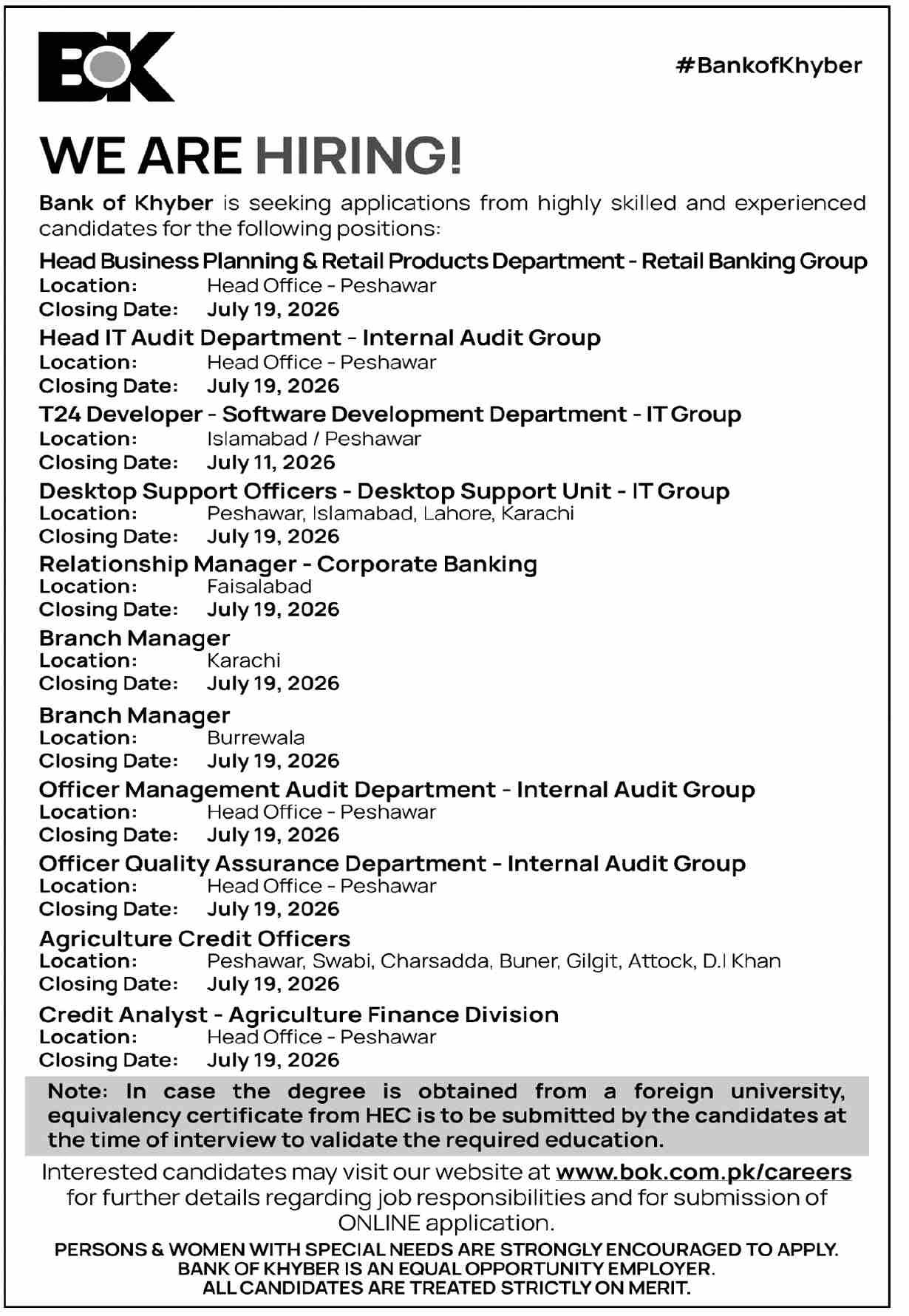 Bank of Khyber Bok Jobs 2026 — original advertisement