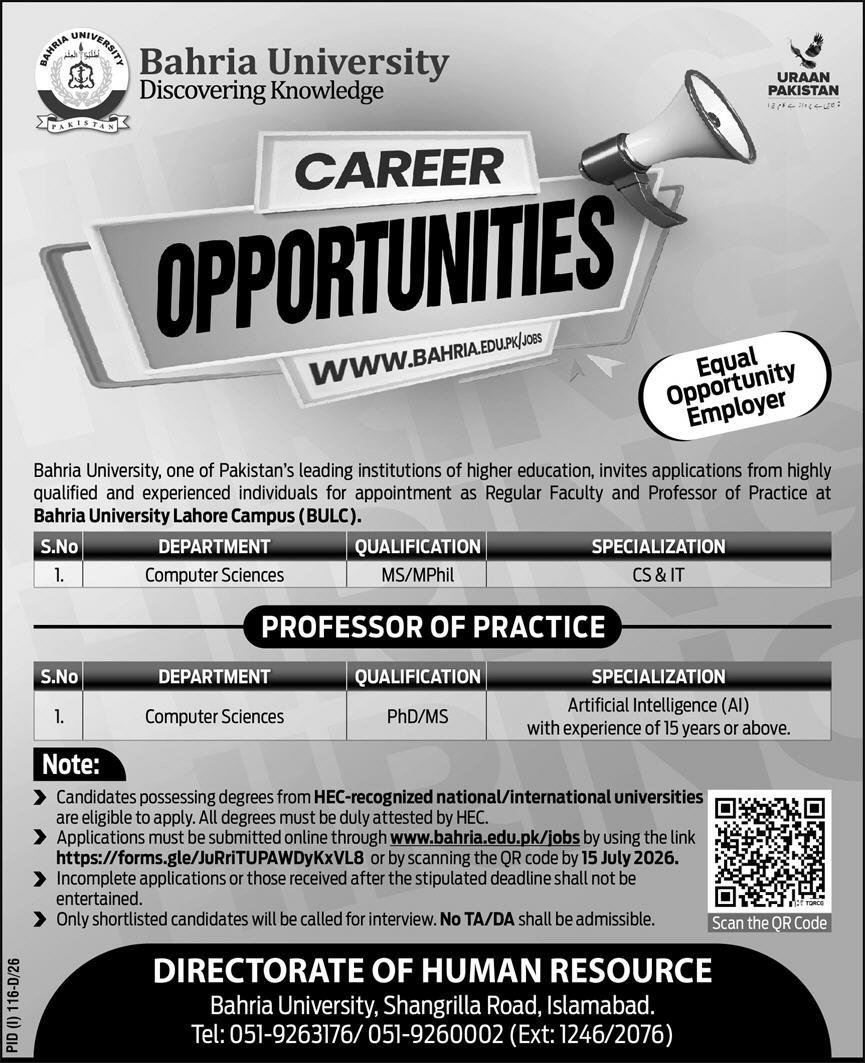Bahria University Islamabad Jobs 2026 — original advertisement