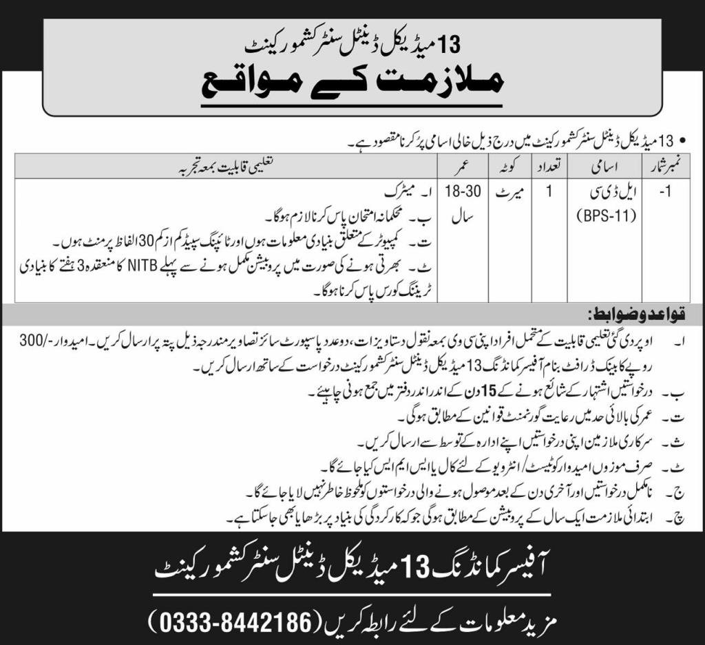13 Medical Dental Center Kashmore Cantt Jobs 2026 — original advertisement