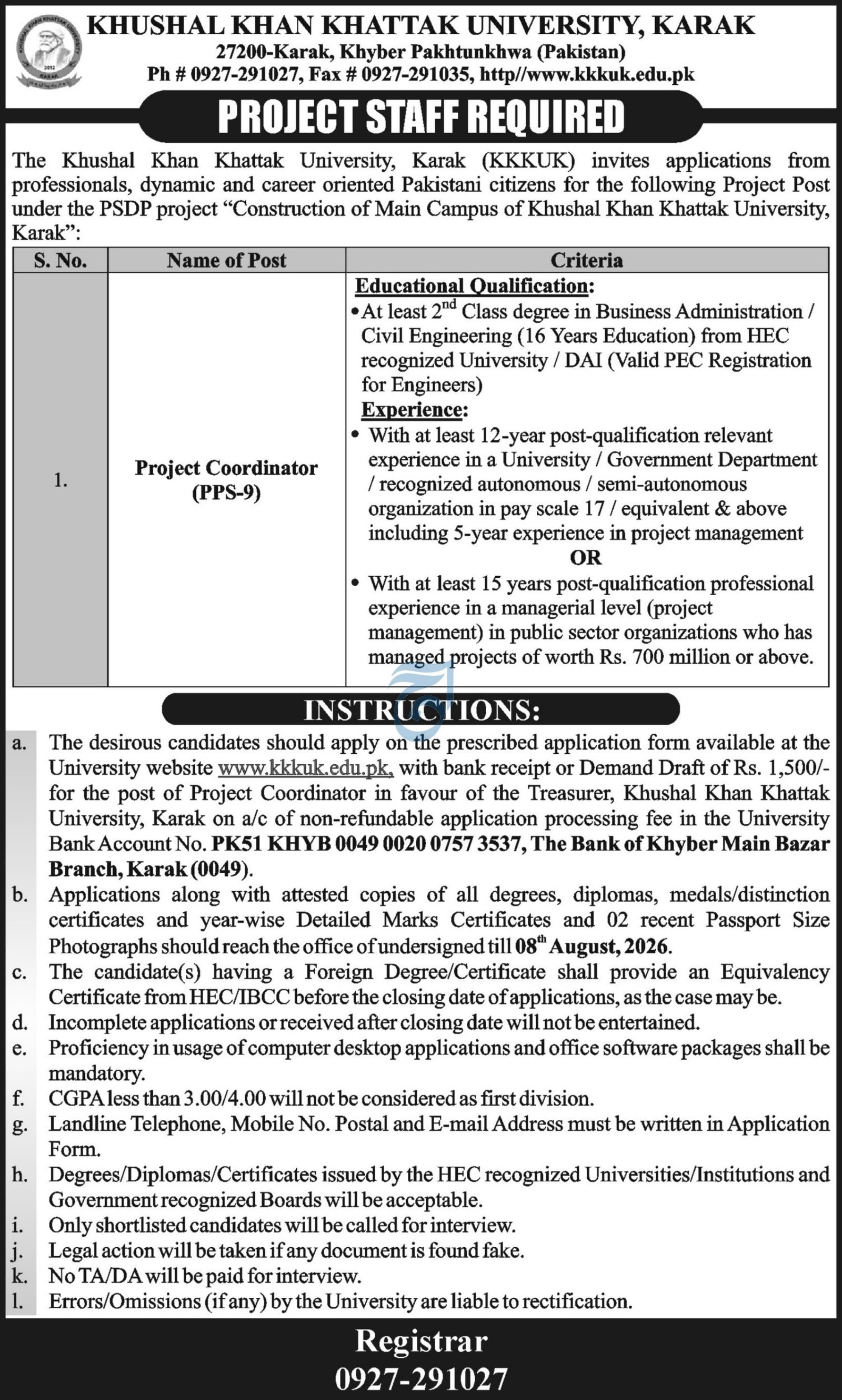 Khushal Khan Khattak University Karak Job 2026 — original advertisement