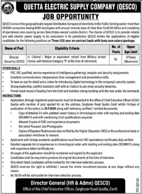 Quetta Electric Supply Company QESCO Job 2026 — original advertisement