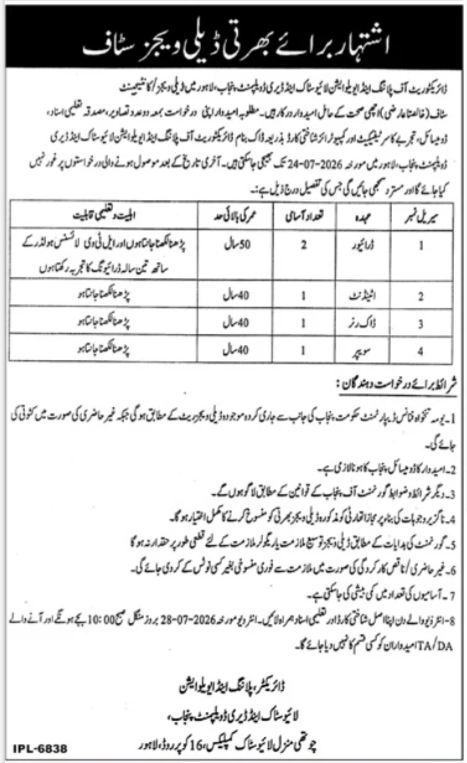 Livestock & Dairy Development Department Lahore Jobs 2026 — original advertisement