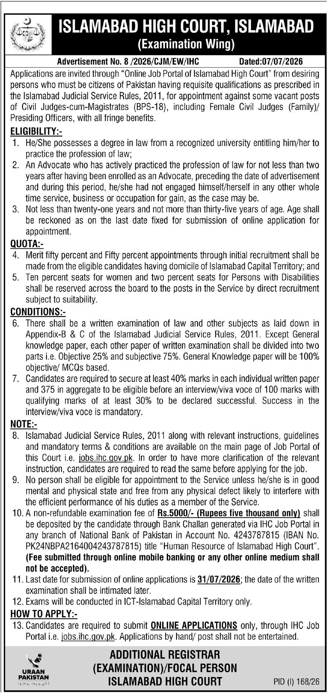 Islamabad High Court Jobs 2026 — original advertisement