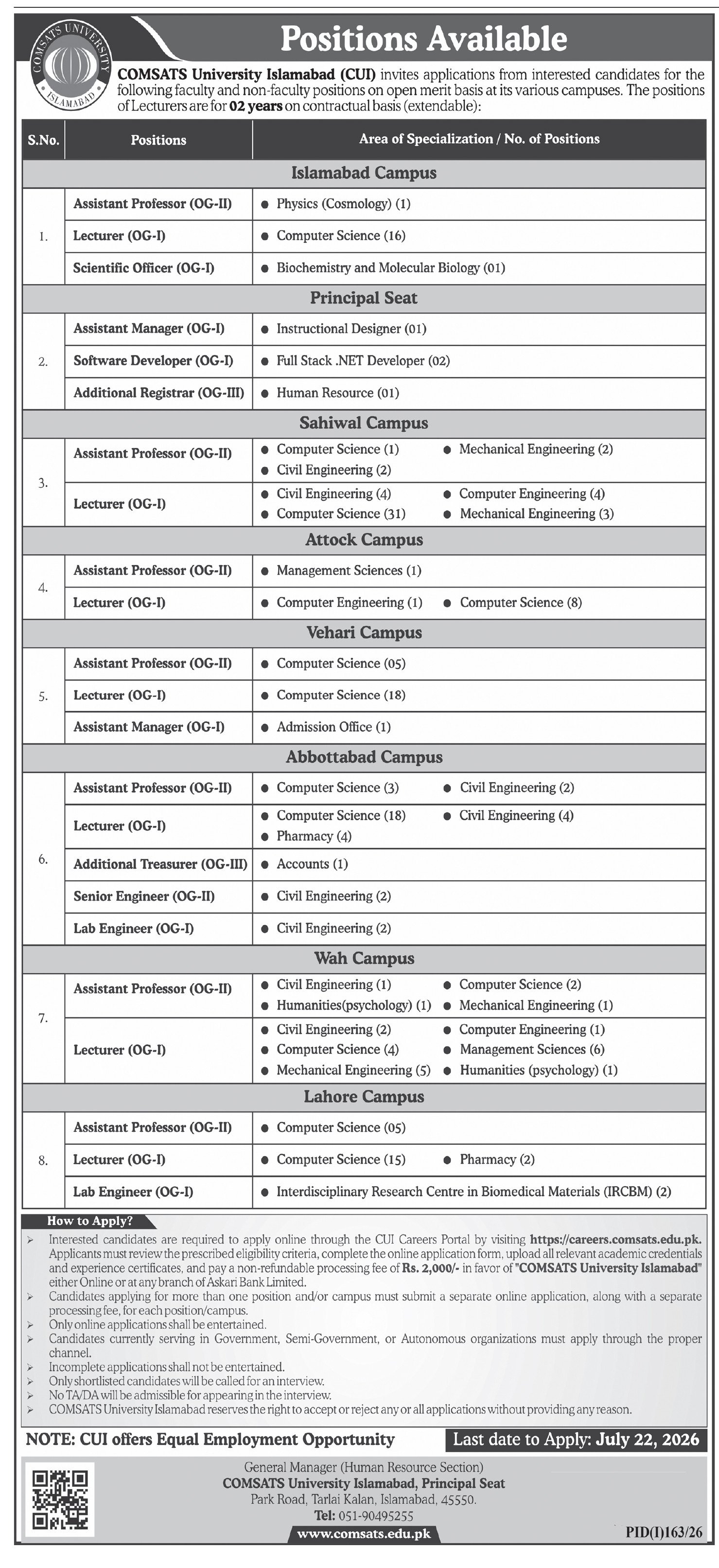 Comsats University Islamabad Jobs 2026 — original advertisement