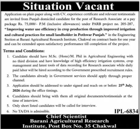 Barani Agricultural Research Institute Chakwal Job 2026 — original advertisement