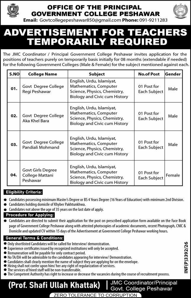 Government College Peshawar Jobs 2026 For Teachers — original advertisement