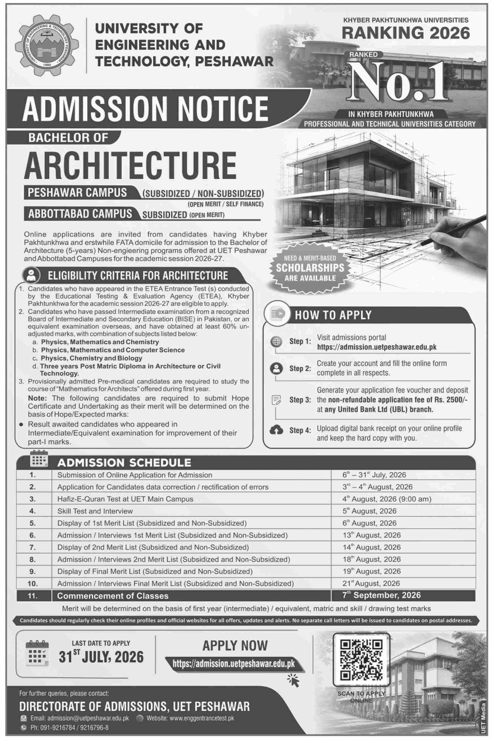 Admission Open in University of Engineering And Technolgy — original advertisement