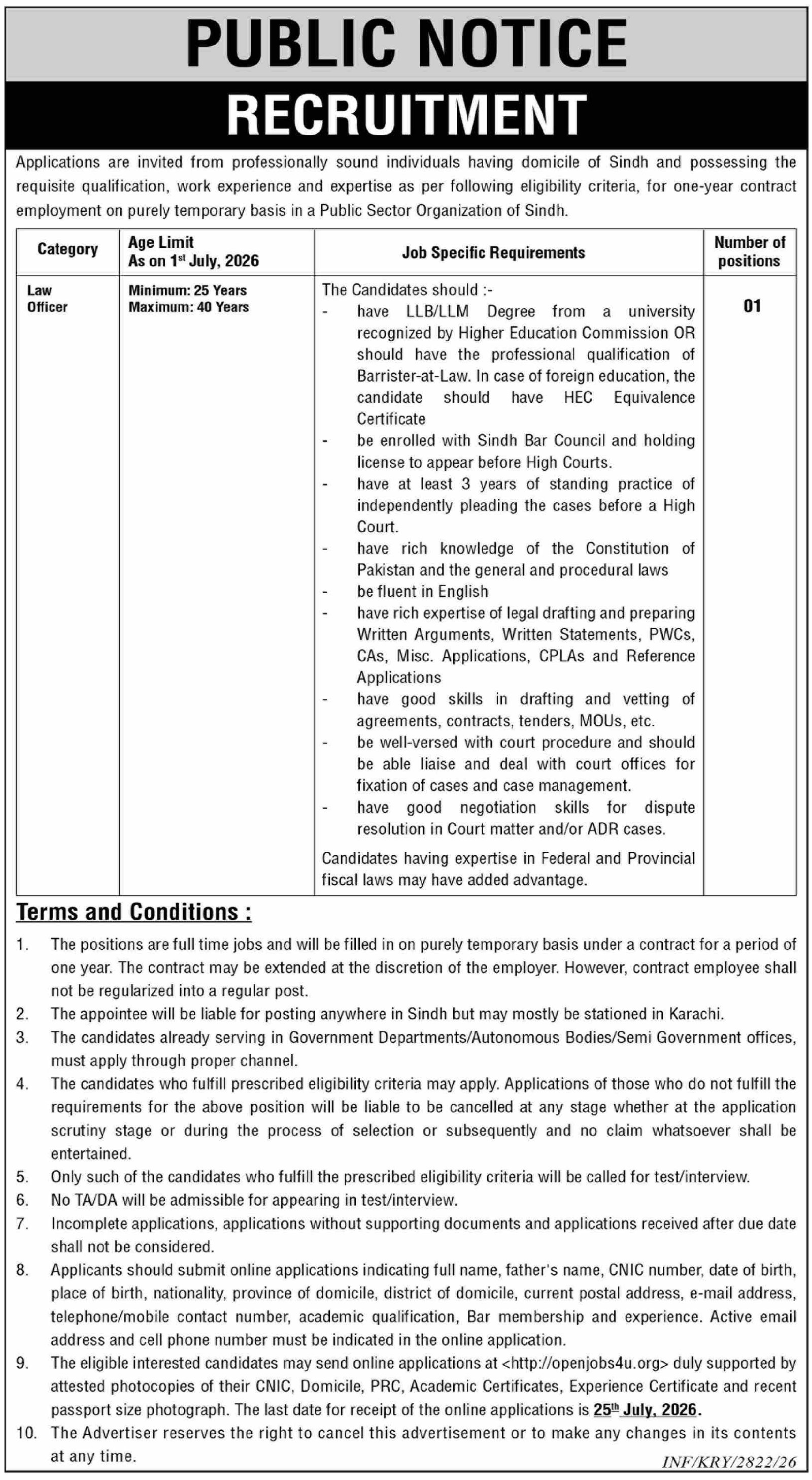 Public Sector Organization Karachi Jobs 2026 — original advertisement