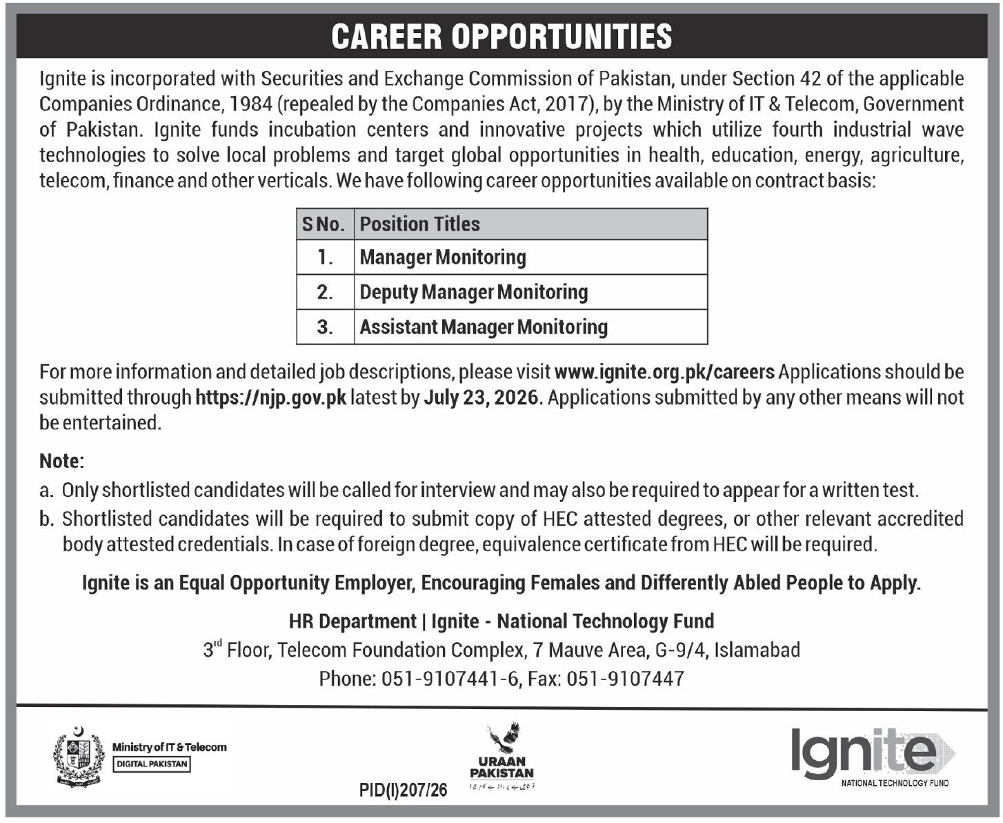 Ministry of Information Technology & Telecommunication Jobs — original advertisement
