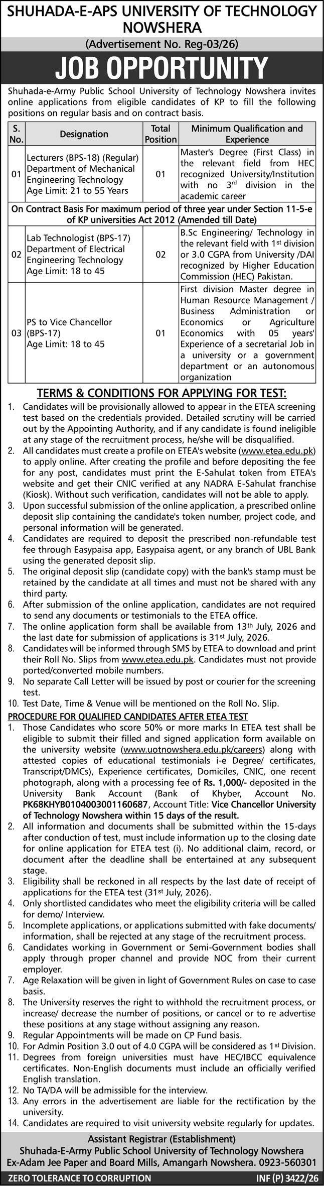 Shuhada E APS University Of Technology Nowshera Jobs 2026 — original advertisement