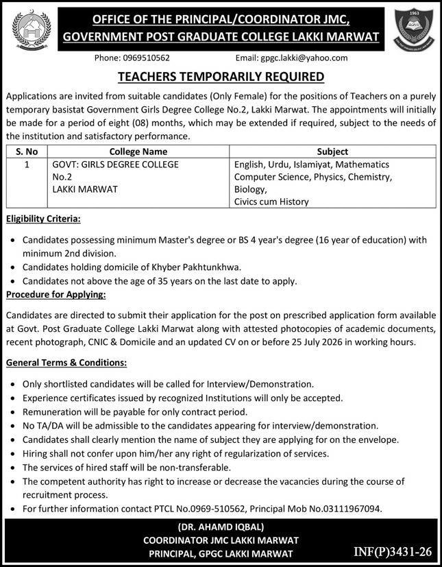 Government Post Graduate College Lakki Marwat Jobs 2026 — original advertisement