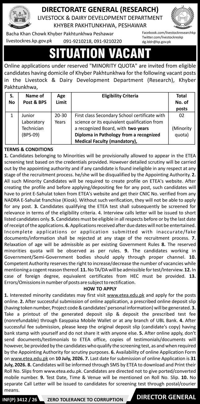 Livestock & Dairy Development Department KPK Jobs 2026 — original advertisement