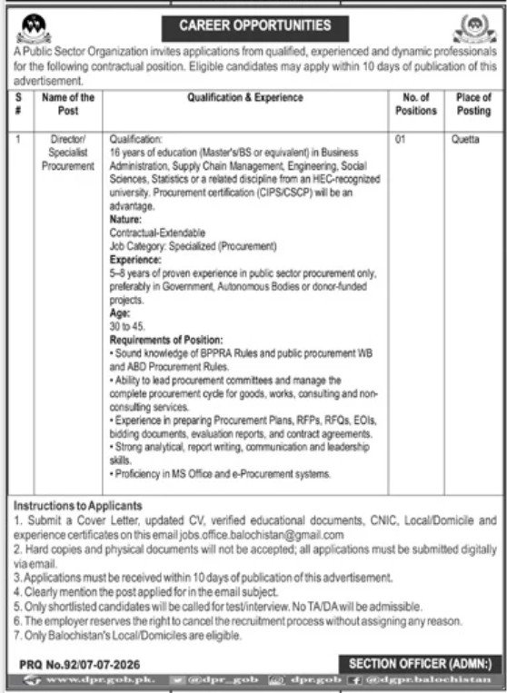 public sector organization Quetta Jobs 2026 — original advertisement