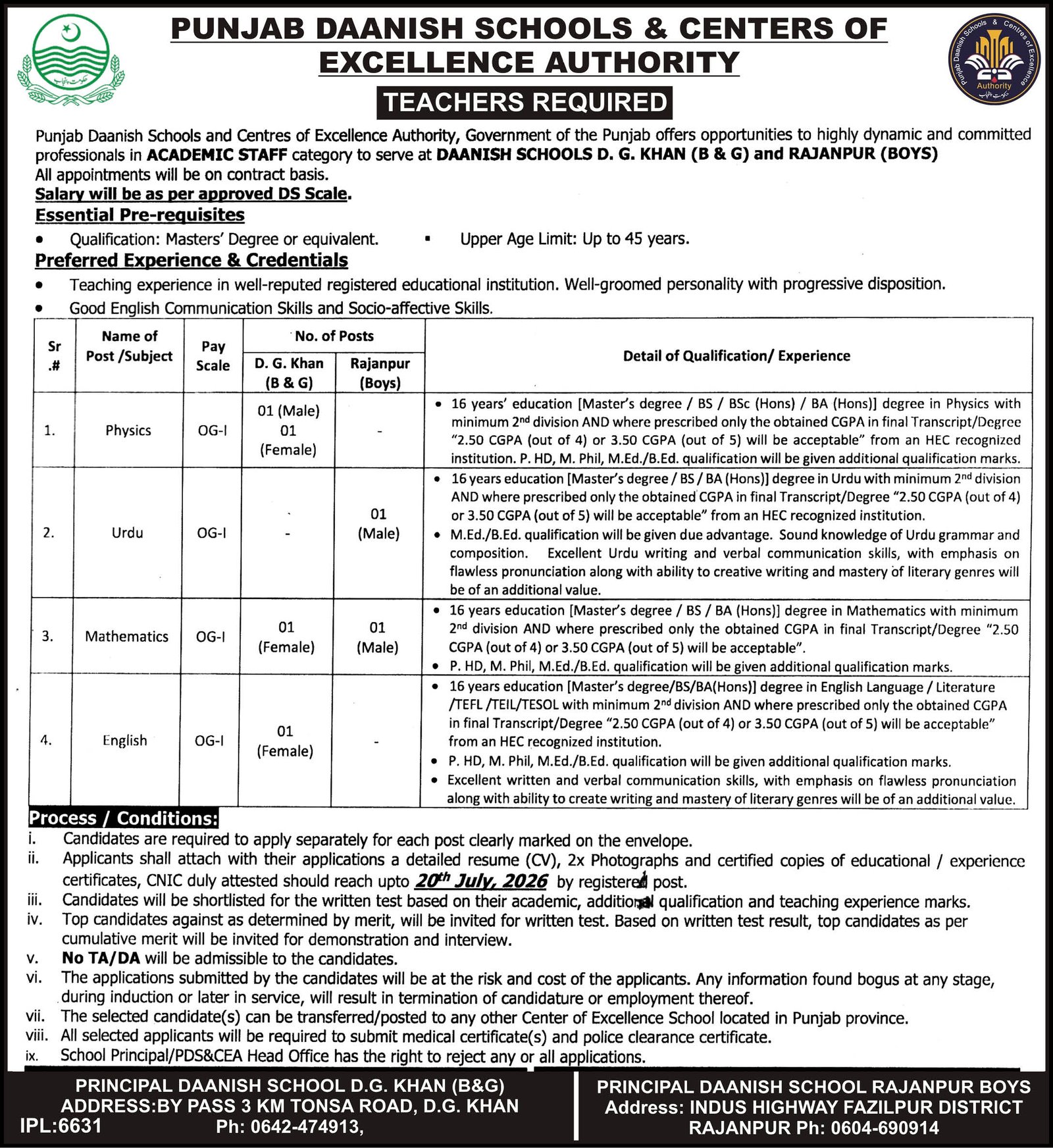 Punjab Daanish Schools & Center Of Excellence Authority Jobs — original advertisement