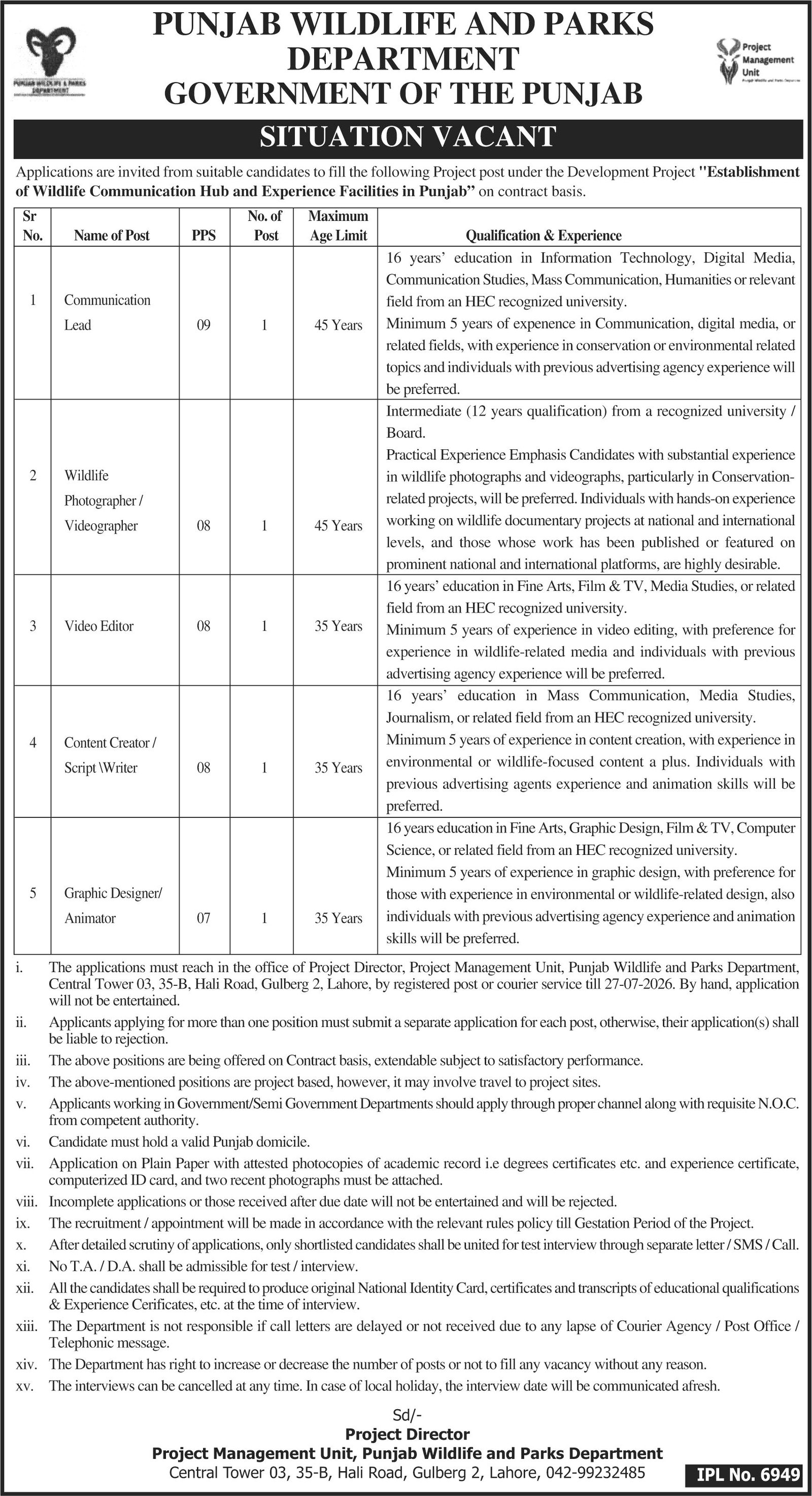 Punjab Wildlife & Parks Department Lahore Jobs 2026 — original advertisement