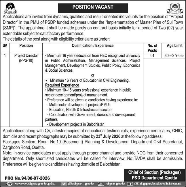 Planning and Development Department Quetta Jobs 2026 — original advertisement