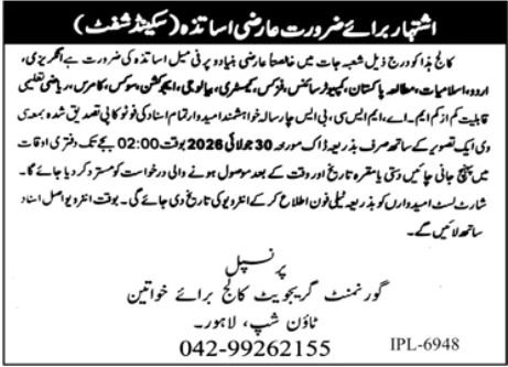 Government Graduate College For Women Lahore Jobs — original advertisement