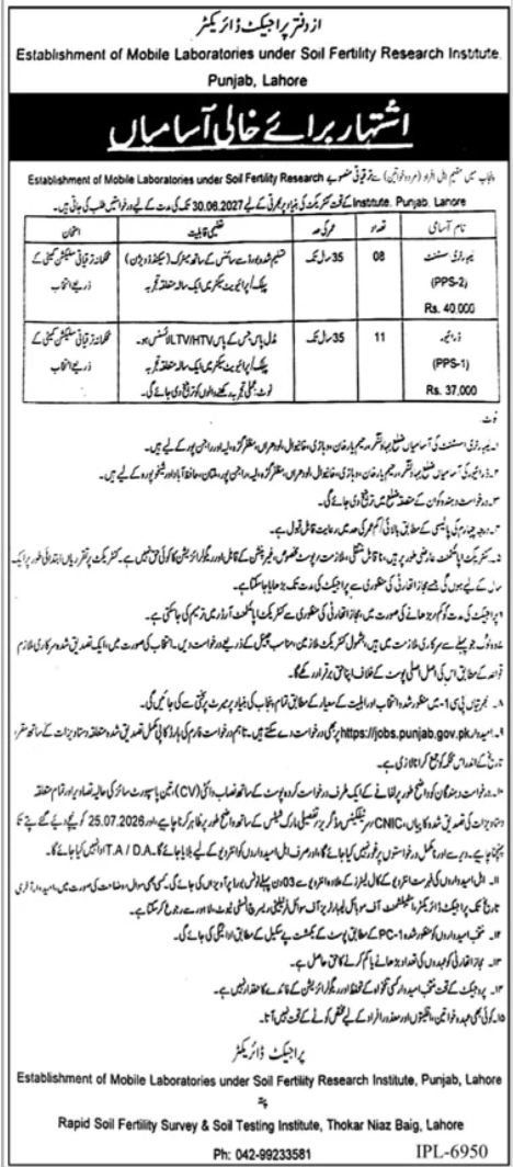 Soil Fertility Research Institute SFRI Lahore Jobs 2026 — original advertisement