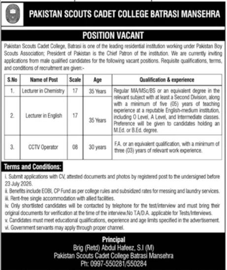 Pakistan Scouts Cadet College Mansehra Jobs 2026 — original advertisement