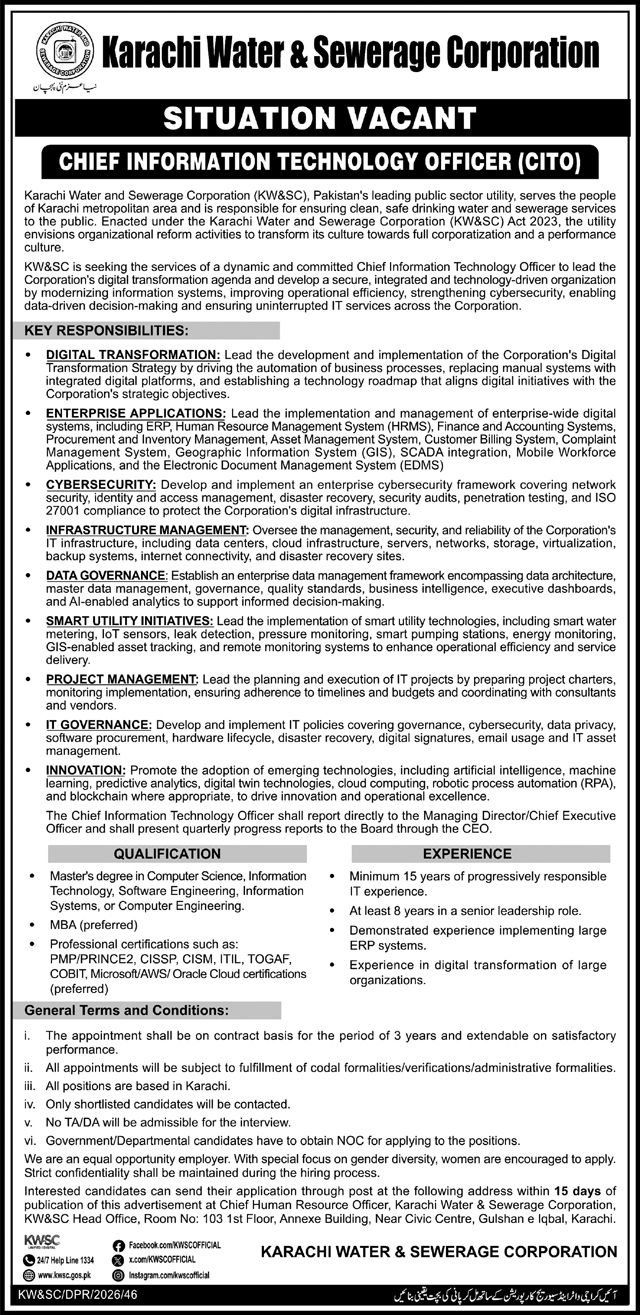 Karachi Water & Sewerage Corporation KWSC Job 2026 — original advertisement