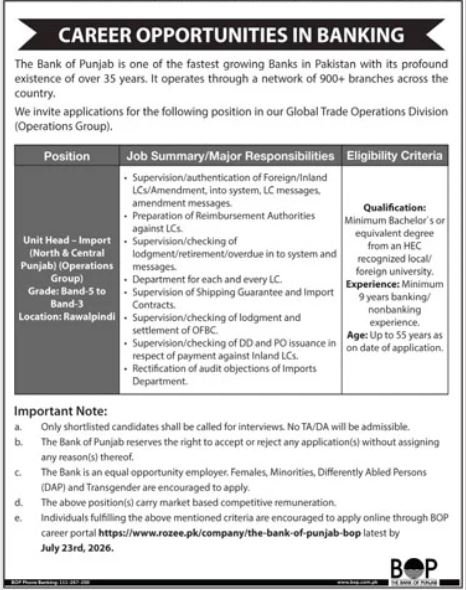 The Bank Of Punjab BOP Rawalpindi Job 2026 — original advertisement
