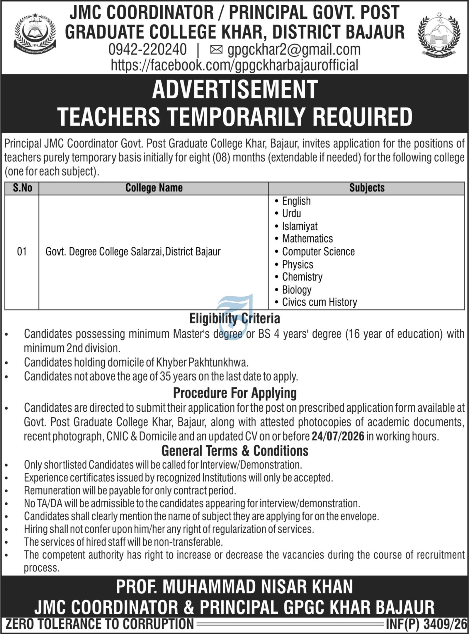 Government Postgraduate College Bajaur Jobs 2026 — original advertisement