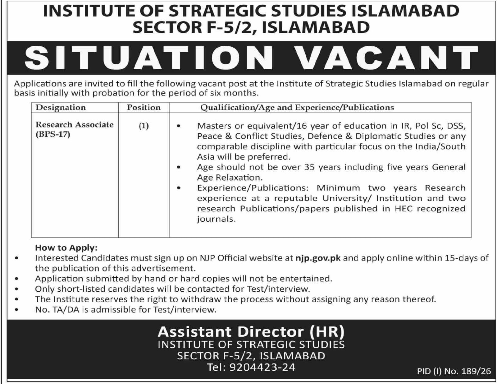 Institute of Strategic Studies Islamabad Jobs 2026 — original advertisement
